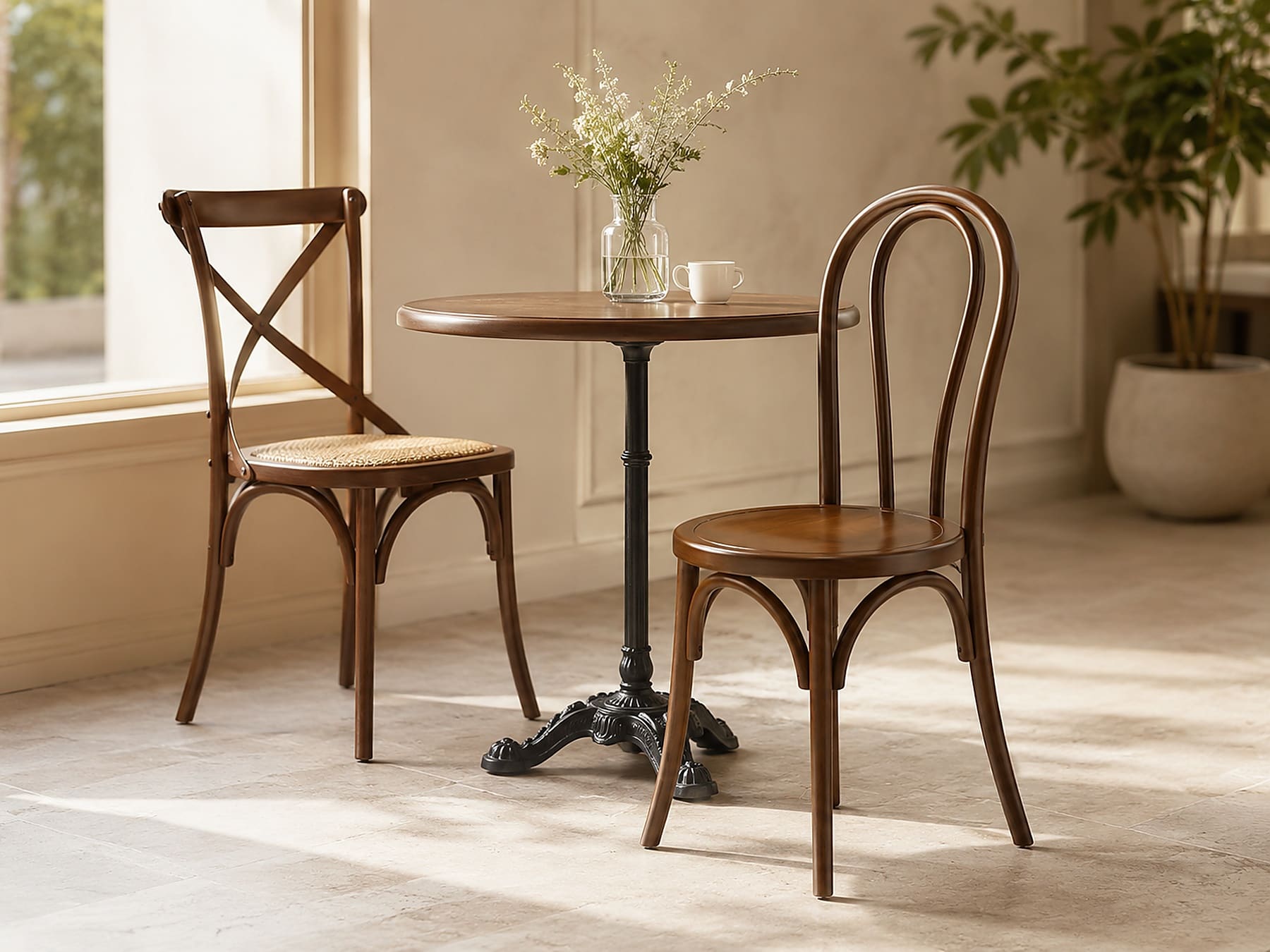 Commercial cafe chairs around a round cafe table