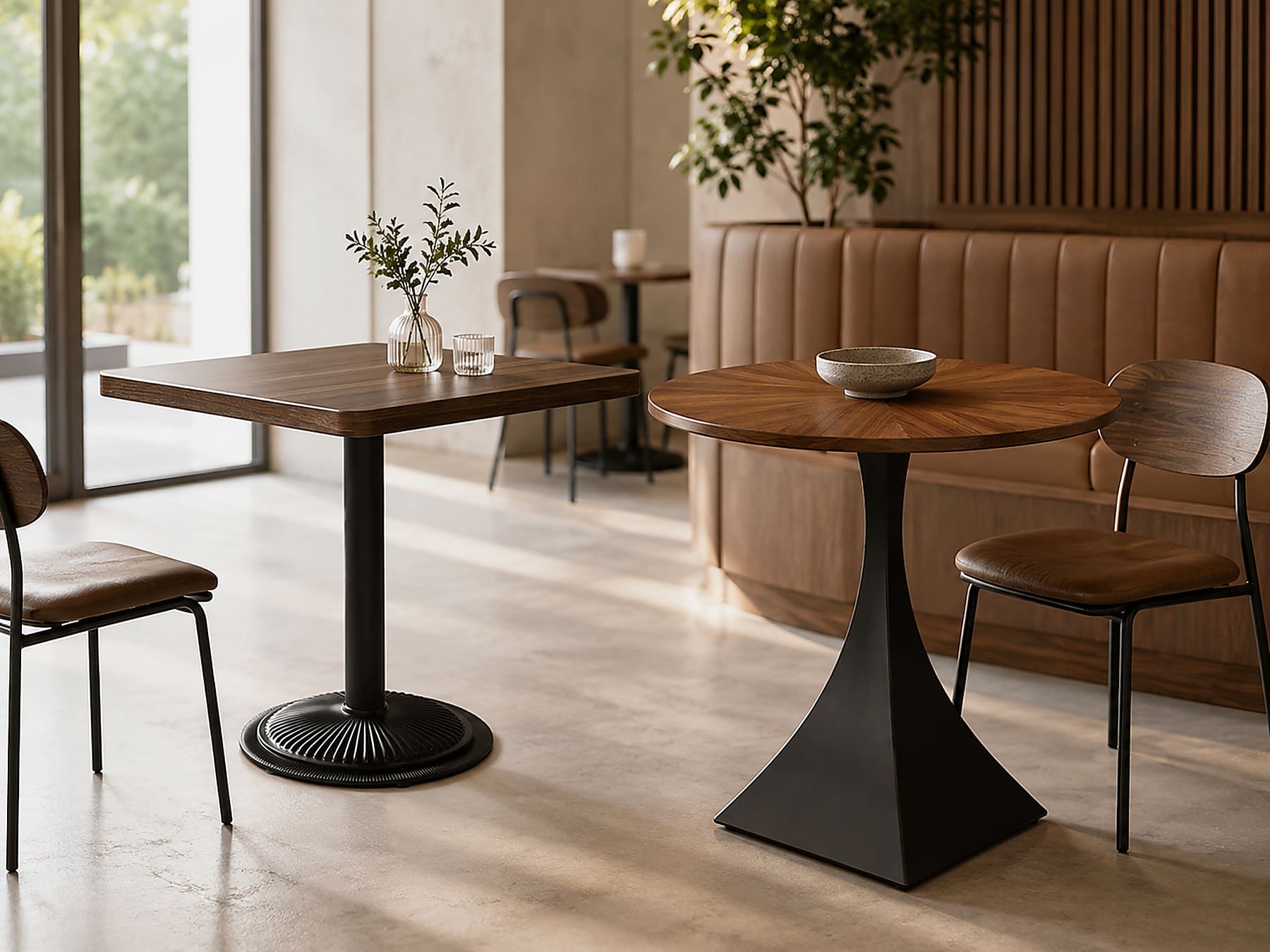 Cafe tables arranged for a commercial dining area