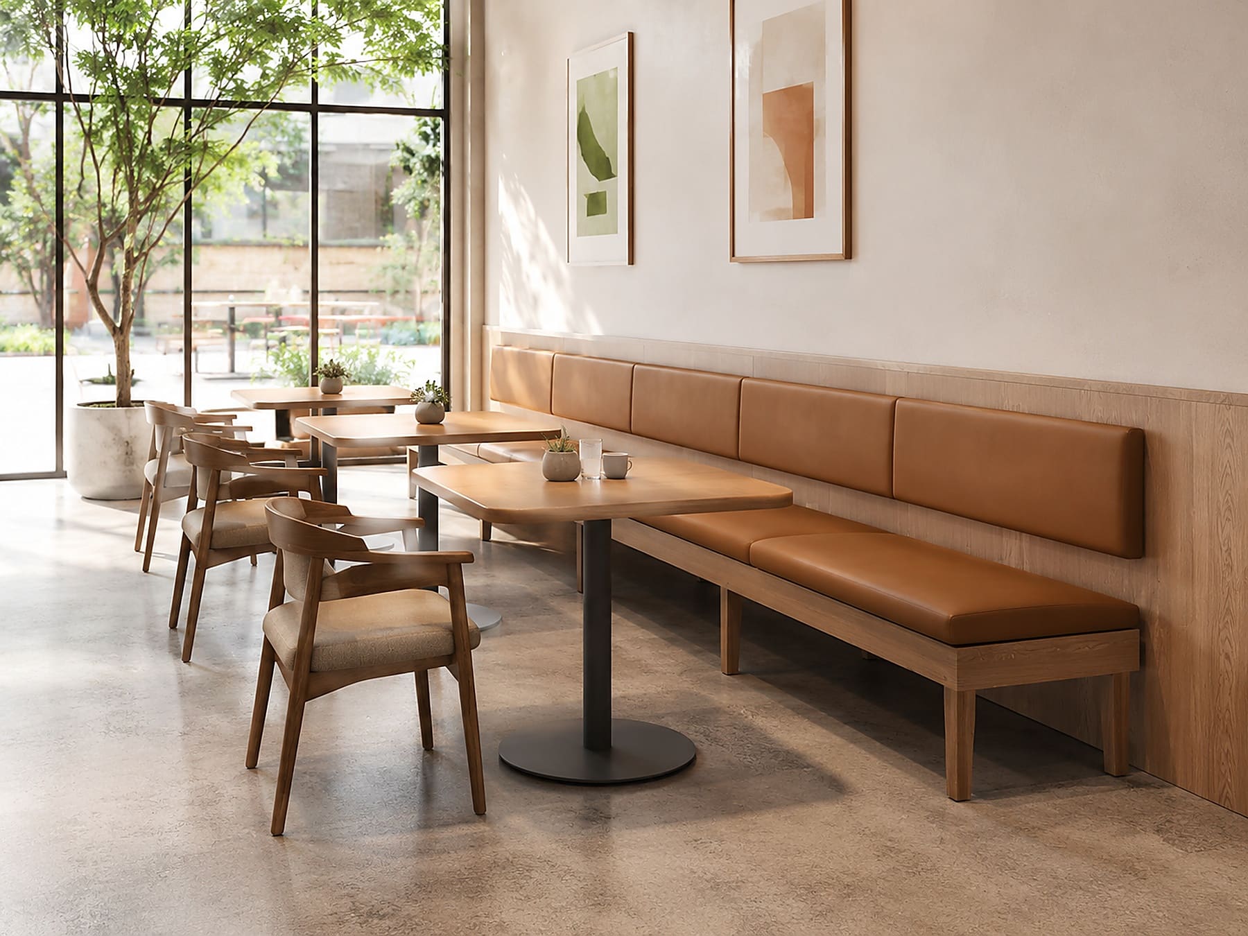 Wall-side seating for a cafe or restaurant layout