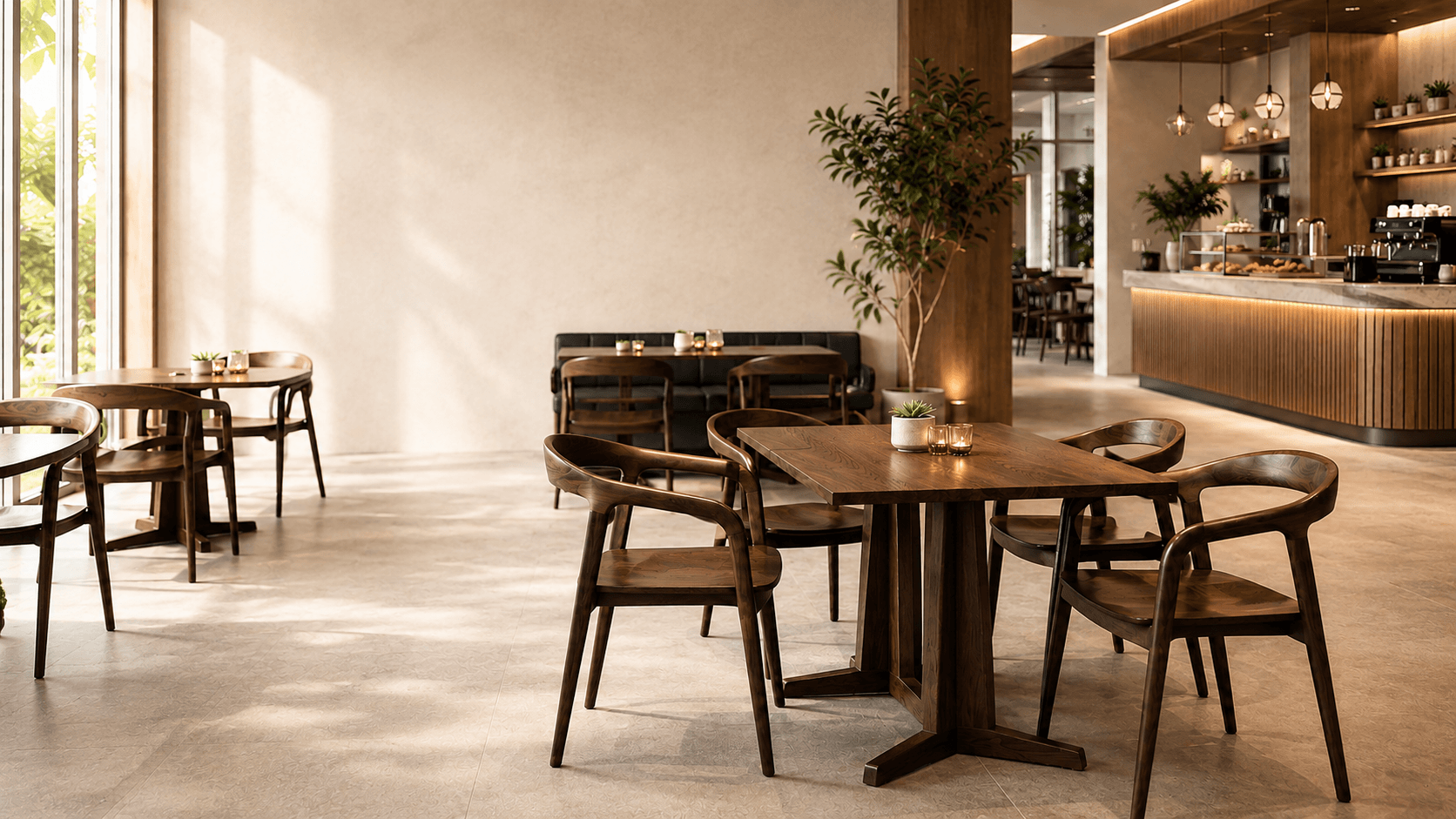 Commercial cafe and restaurant furniture in a warm hospitality interior