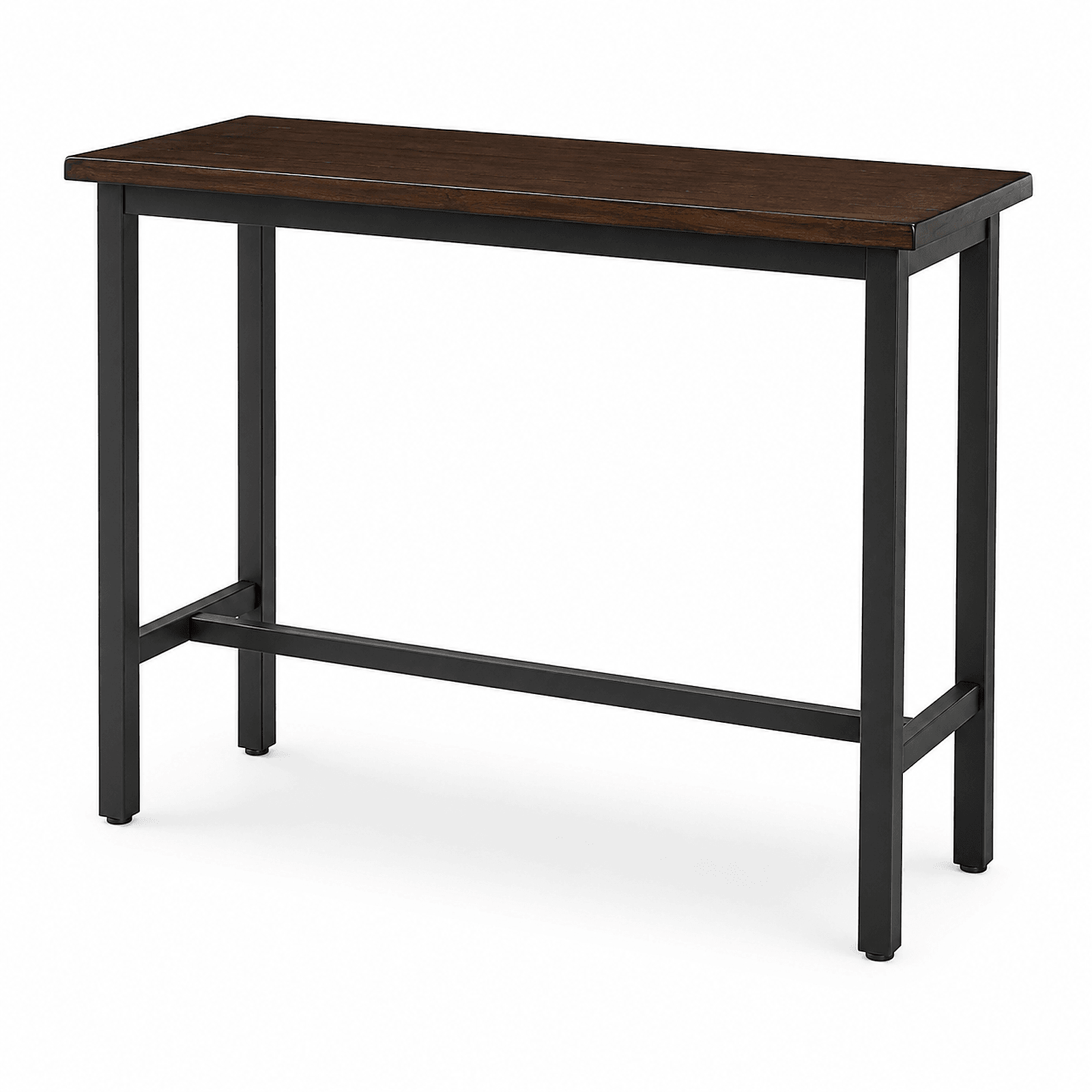 Rectangular high table with dark frame and wood-grain top
