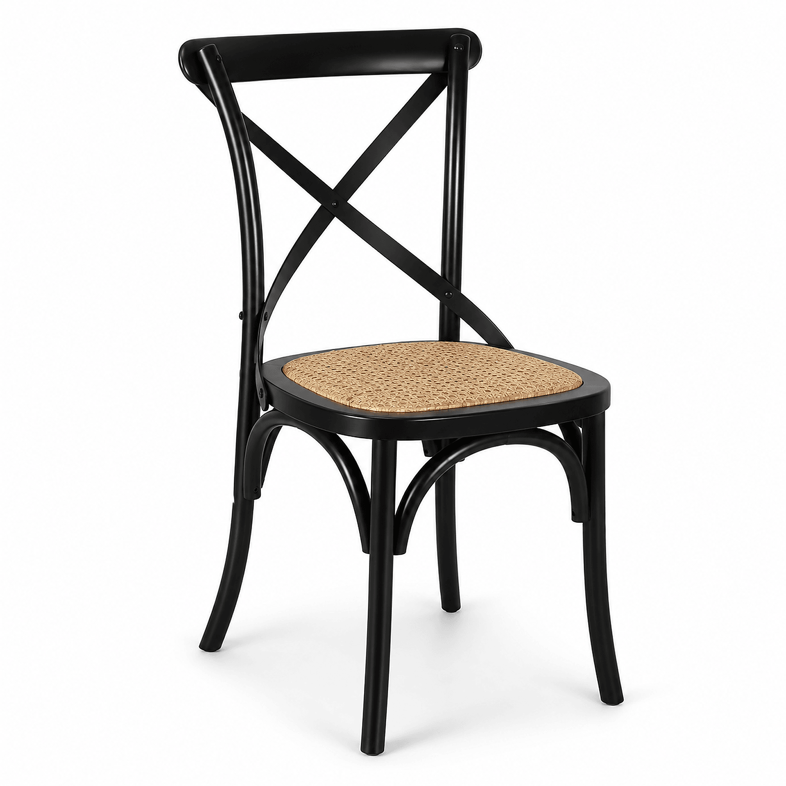 Black cross-back cafe chair with woven-style seat