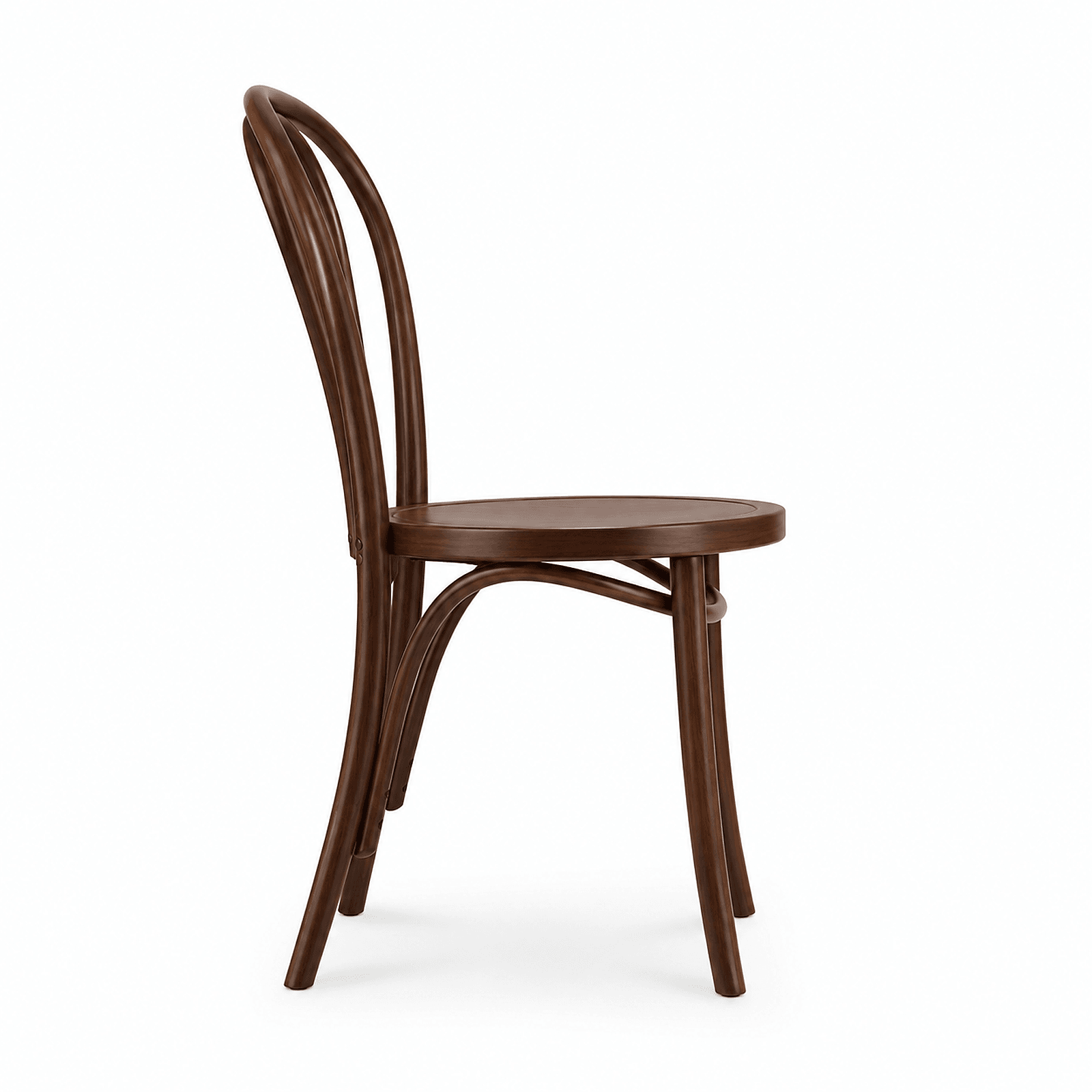 Side view of walnut-tone curved-back cafe chair
