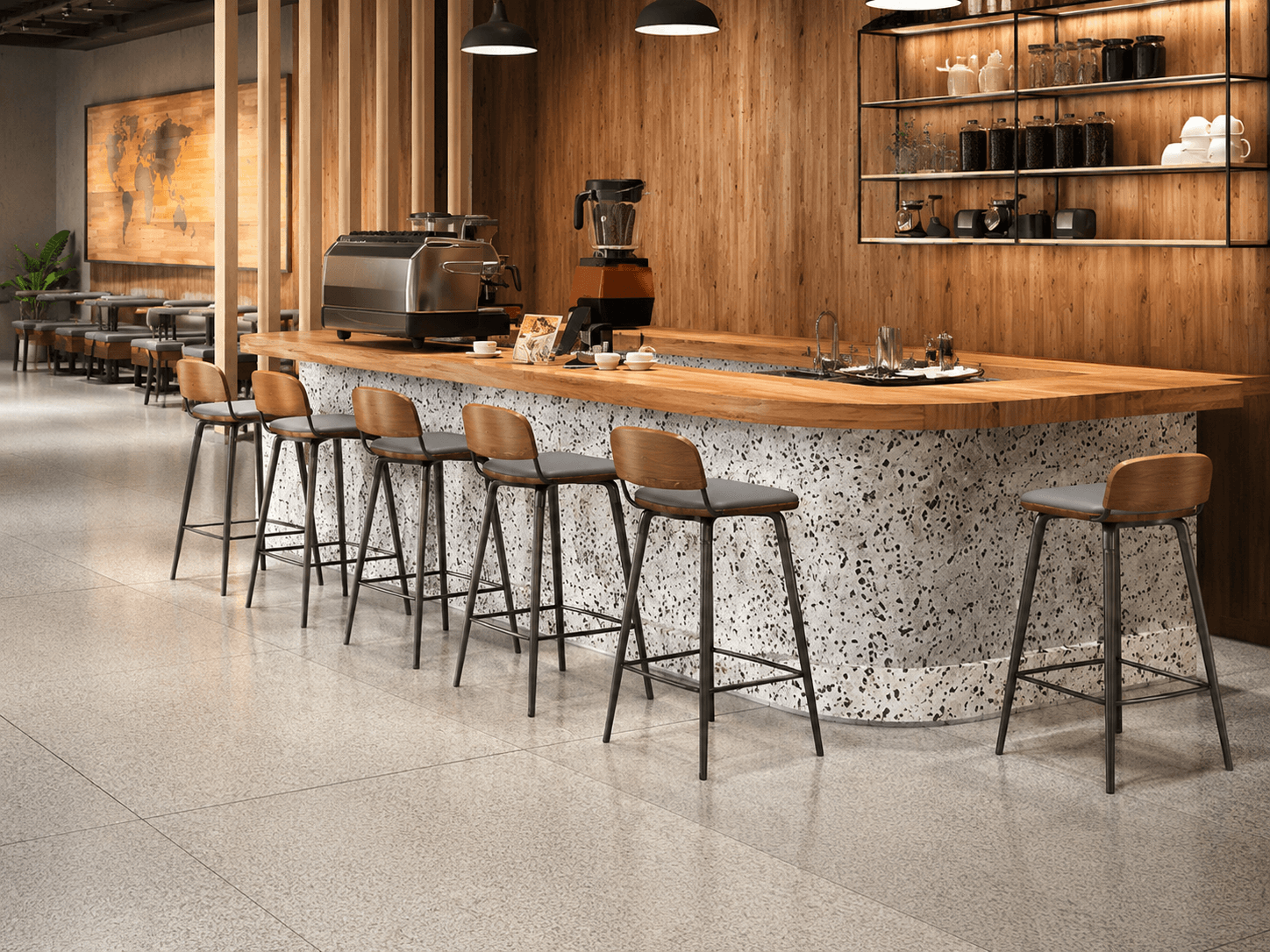 Bar stools and high table arranged for a cafe bar area